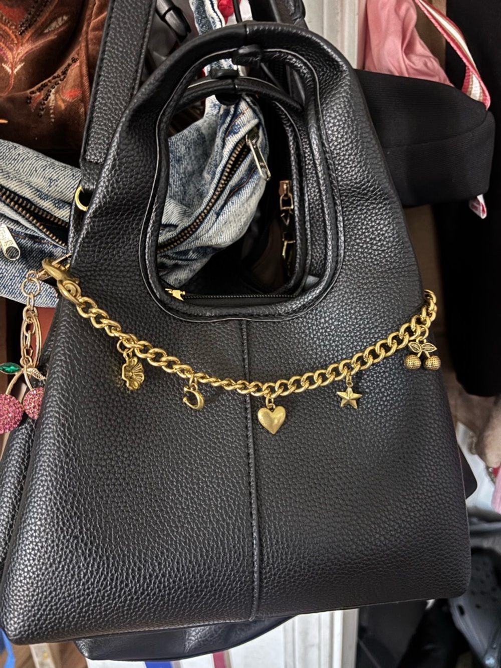 Black Pebbled Shoulder Bag with Gold Charm Chain